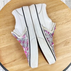 Vans Classic Sneaker Kids 3 Leather Flip Sequin Slip On Shoe White Pink Silver