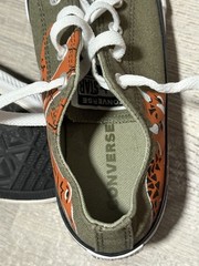 Converse Size 3 Dino Print Low-Top Sneakers Olive Green/Orange Great Condition