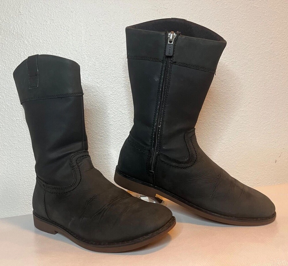 UGG Australia Fern Black Leather Riding Boots Girls Big Kids 3Y Zip