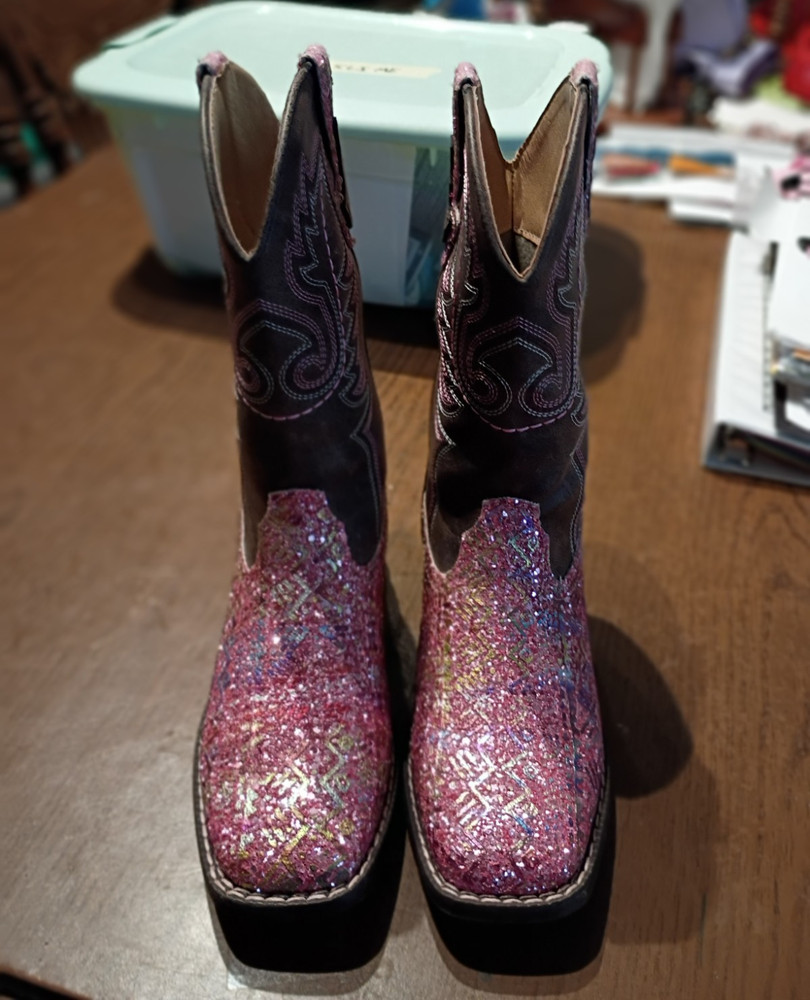Roper Kids Western Boots Pink/Brown Glitter Square Toe Pull-On US 2 Leather