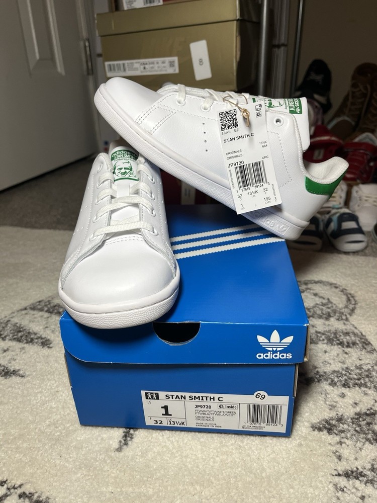Adidas Original Stan Smith C White/Green Unisex Size 1 Kids