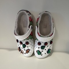 Crocs White Lined Christmas Holiday Unisex Kids Clog Shoes with Festive Accents