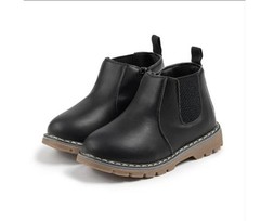 Unisex Infant/Toddler Black PU Leather Chelsea Boots Size 8+ Rubber Sole, Zipper