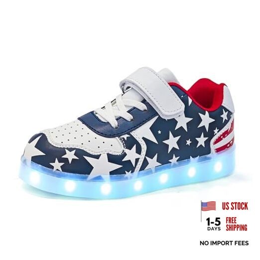 Kids LED Sneakers for Boys Hook&Loop Low Light Up Shoes 4 Big Kid White Blue