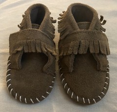 Baby Toddler Brown Leather Moccasins White Stitching Fringe Size 3