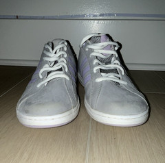 adidas Cloudfoam Unisex Kids Low Top Lace-Up Leather Sneakers Gray Purple 7