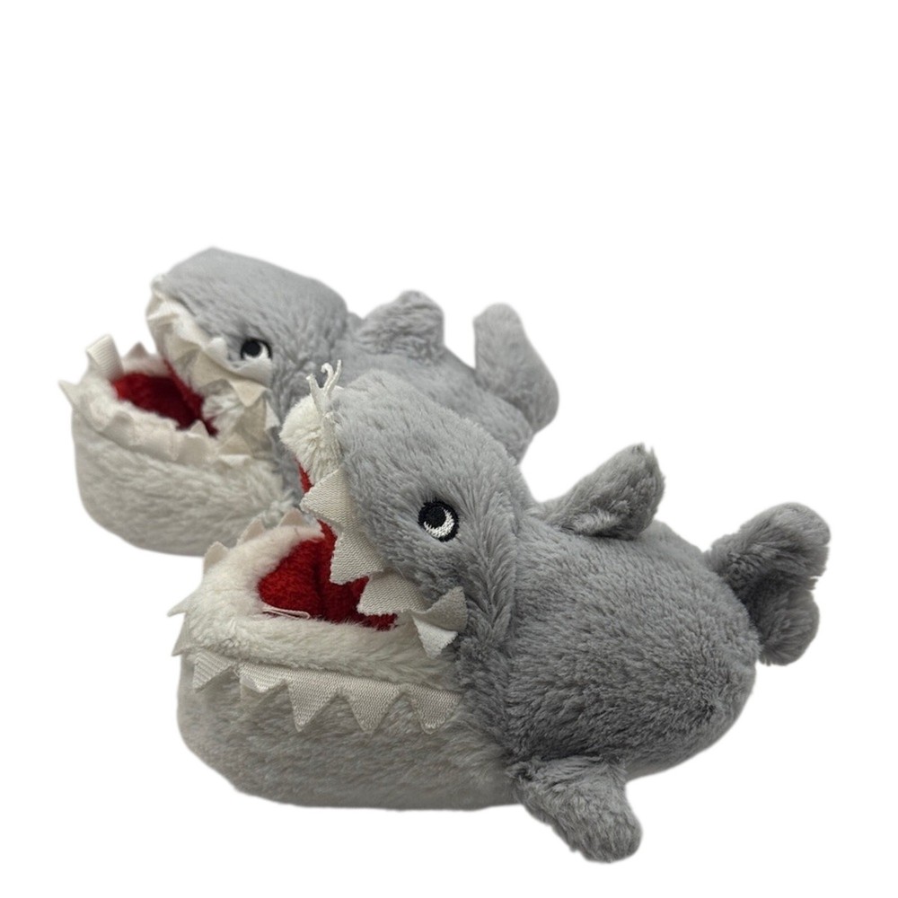 Carter’s Shark Plush Slippers Kids Size Small 5/6 Gray Red Cozy Cute