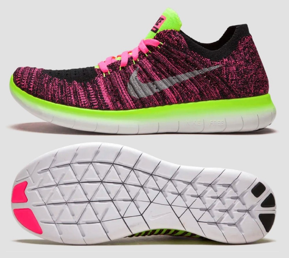 NEW Nike Free RN Flyknit Youth Athletic Shoes, Pink/Volt, 834363-600, Size