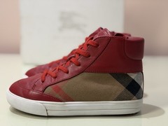 $225 BURBERRY Mini Haypark Check Parade 29 12 Red Leather Sneakers Shoes &BOX