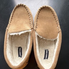Lands‘ End Kids Tan Suede Loafer Slippers Faux Fur Lined Slip-On US 5