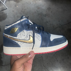 Jordan Air Jordan 1 Mid Top Kids Sneakers Blue White Gold Red Lace-Up US 7