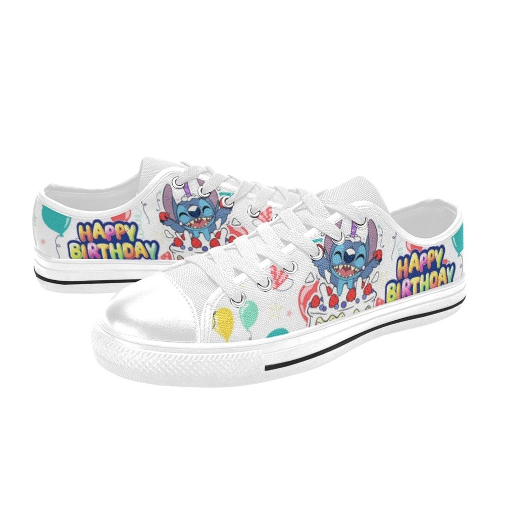 Stitch Happy Birthday Custom Canvas Sneakers Low Top Shoes For Kids