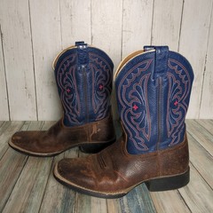 Ariat Quickdraw Brown Blue Red Leather Western Boots Kids 4.5 Cowboy Rodeo USA