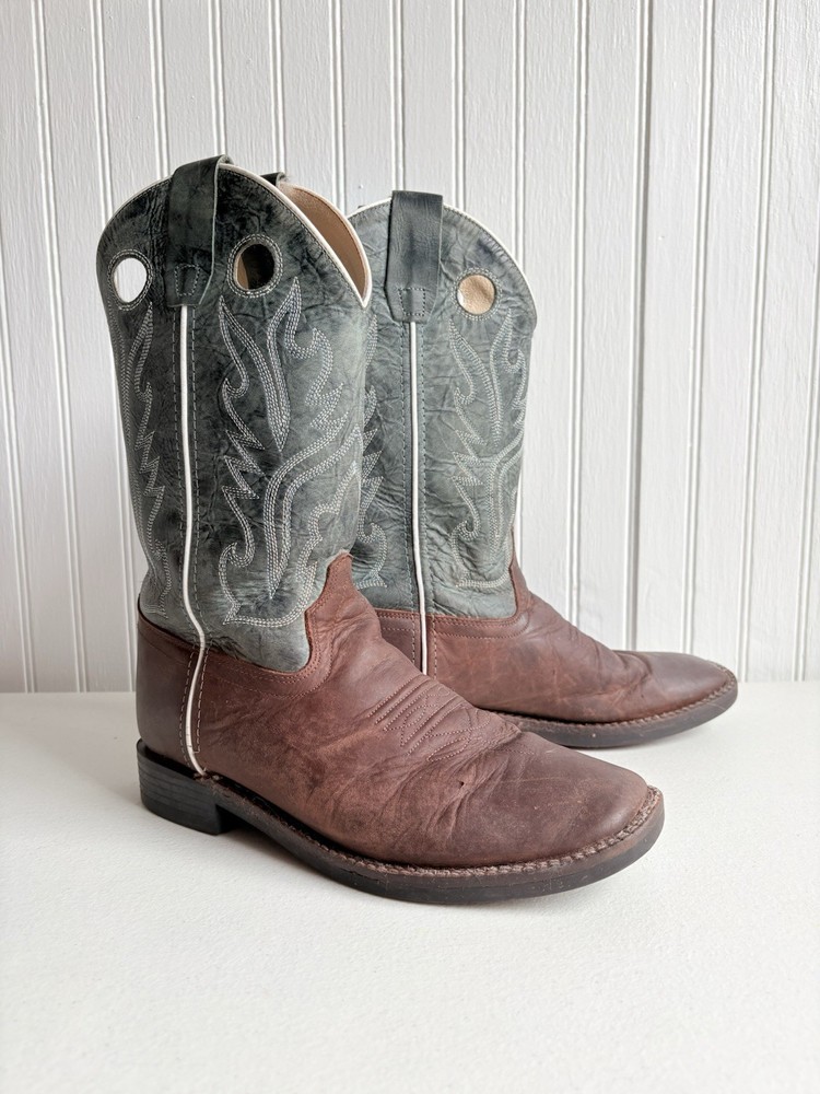 Old West Youth Brown Leather Cowboy Boots Size 6 Fits Women’s 7.5 – 8 Square Toe