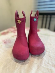 Crocs Handle It Rain Boot Pink Flower Pull On Unisex Kids Rubber Waterproof C11