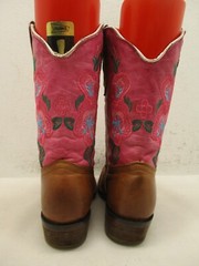 Kids Brown Pink Leather Square Toe Embroidered Cowboy Boots Size 21 MEX