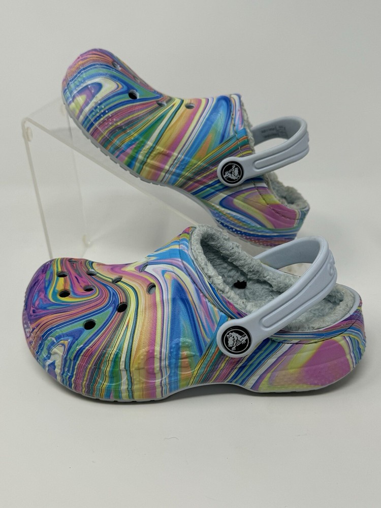 Crocs Classic Faux Fur Lined Clogs White Multicolored Pastel Swirl Youth C13