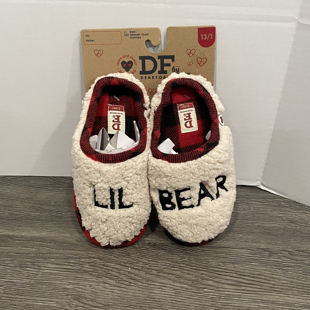 Lil Bear Slippers Dearfoams Sherpa Clog Size 13-1 Kids Toddler Bedroom Plaid