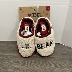 Lil Bear Slippers Dearfoams Sherpa Clog Size 13-1 Kids Toddler Bedroom Plaid