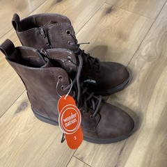 Wonder Nation Brown Combat Ankle Boots Kids US 3 Lace-Up Zip Faux Leather