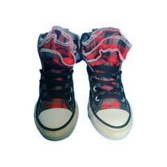 Girls Converse High Top Sneakers Size 11.5 Black Red Plaid Ruffle Tongue Shoes