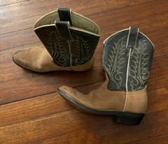 Tony Lama Boots Youth 2D Brown Green Leather Cowboy Western 130Y EUC