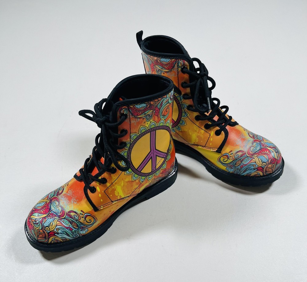 Peace Sign Combat Boots Size 5.5 EU 36 Orange Psychedelic Ankle Lace Up