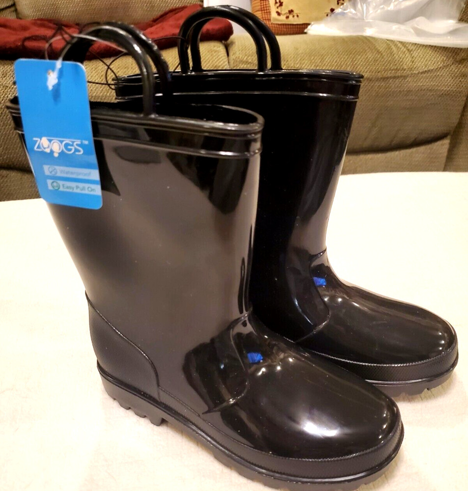ZOOGS Kids Waterproof Rain Boots Rubber Pull-On Handles BLACK Size 2 TODDLER