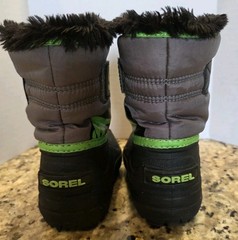 Sorel Snow Commander Boots Unisex Kids Sz 7 Black Green Grey Snow Shoes Faux Fur