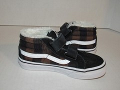 Vans Sk8 Mid Hook & Loop Black Suede Flannel Fur Shoes Kids Toddler Size 11.5
