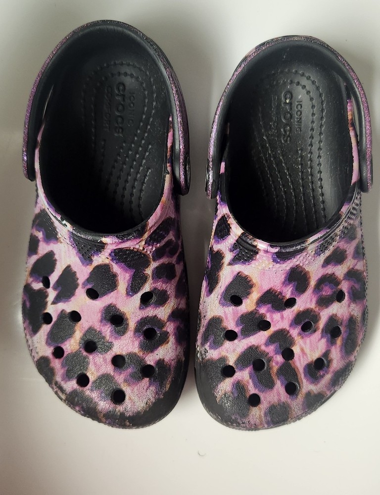 Crocs Childrens Size C11 Purple Glitter Black Leopard Sport Slide On Mule Clog
