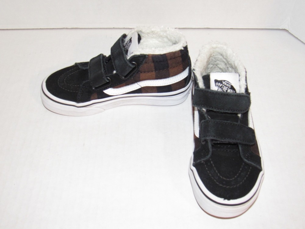 Vans Sk8 Mid Hook & Loop Black Suede Flannel Fur Shoes Kids Toddler Size 11.5