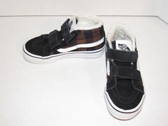 Vans Sk8 Mid Hook & Loop Black Suede Flannel Fur Shoes Kids Toddler Size 11.5