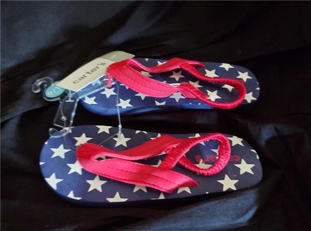 NEW CARTER’S JULY 4TH SUMMER BEACH FLIP FLOPS STARS RED WHITE BLUE SZ L 9/10