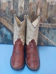 Old West 12122012 Leather Cowboy Boots Brown/Tan Cream Stitching Youth Sz 5