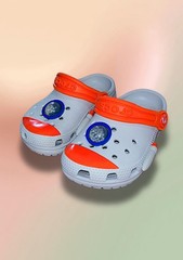 Crocs Rocket Ship Gray Orange Kids C7 Toddler Space Clogs EUC Unisex