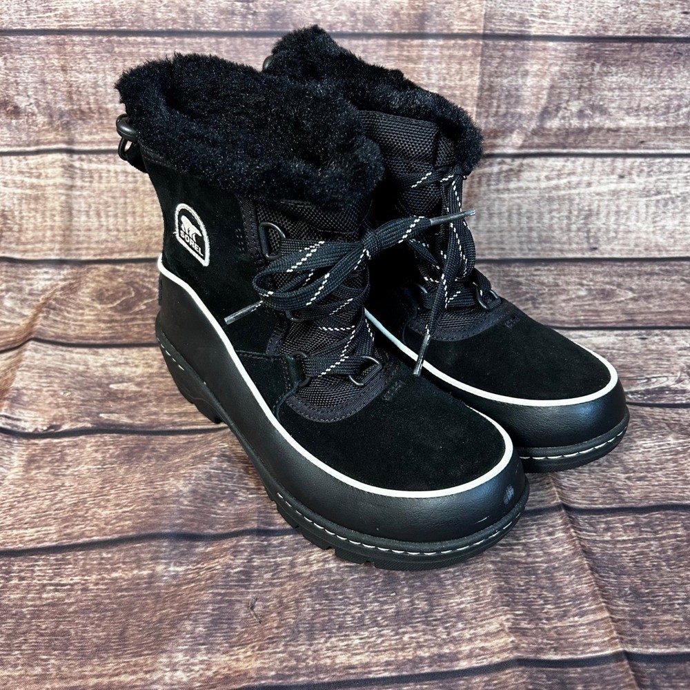 Sorel Whitney Short Lace Black Waterproof Winter Boots Faux Fur Size 3