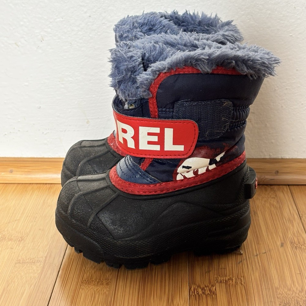 Sorel Snow Commander Kids 5 Navy Red Waterproof Winter Boots Faux Fur Lined