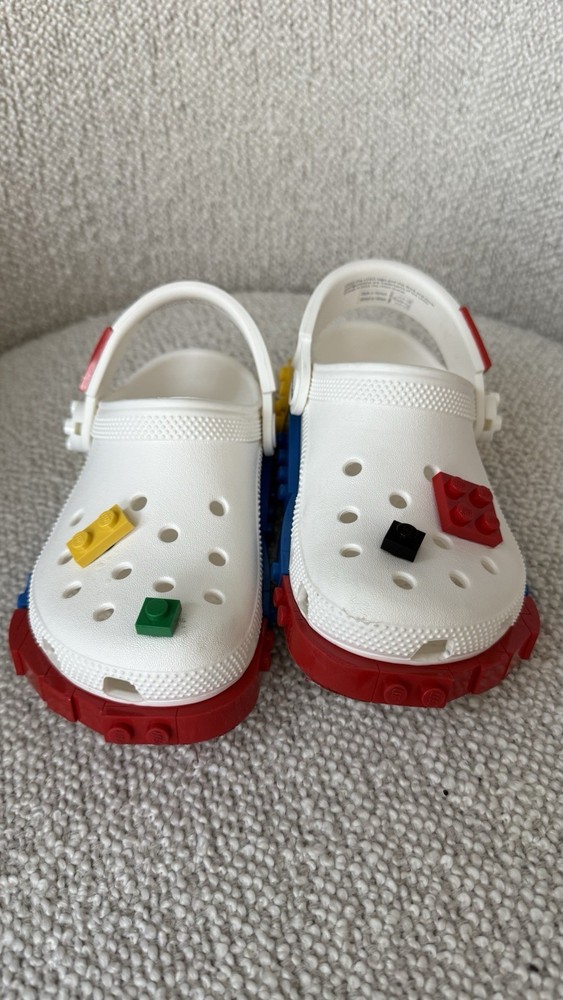 Crocs LEGO Creativity Clogs in white, featuring primary-colored