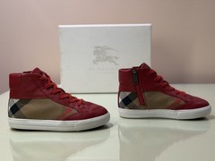$225 BURBERRY Mini Haypark Check Parade 29 12 Red Leather Sneakers Shoes &BOX