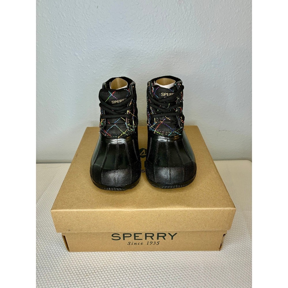 Sperry Kid’s Port Ankle Boots – black and rainbow quilted. Size kids 6.