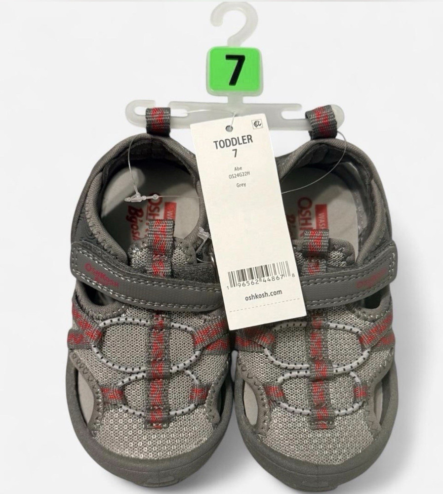 OshKosh B’gosh Abe Hook & Loop Machine Washable Gray/Red Sneaker US 7