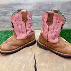 Dan Post Youth – Size 7.5M – Tan / Pink John Deere Cowboy Boots JD1185
