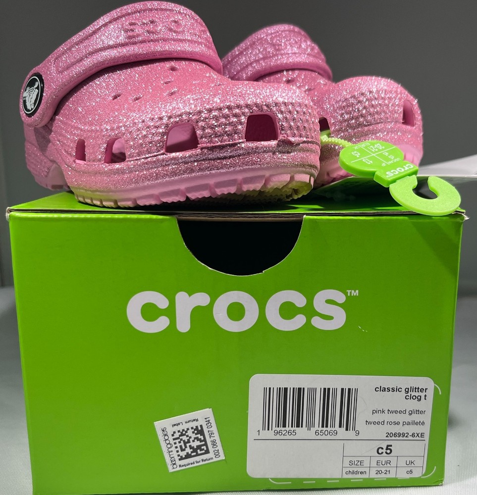 Crocs Classic Glitter Clog, Pink Tweed Glitter – Toddler & Kids Sizes – CHOOSE!