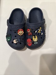 Crocs Classic Navy Blue Clogs C10 W/ Super Hero Jibbitz – Condition See Pictures
