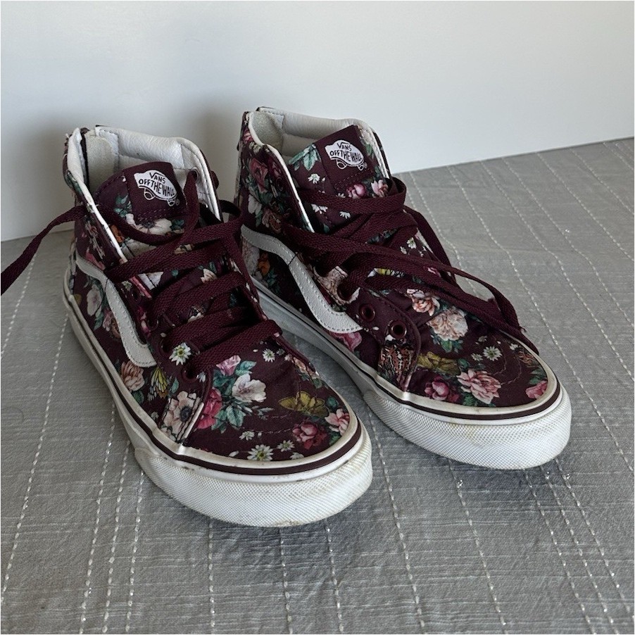 VANS Kids High Top Sneakers Floral Canvas Burgundy Back Zipper Skateboarding