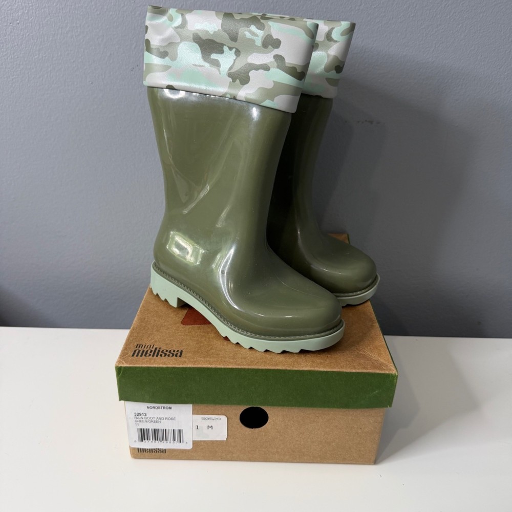 MINI MELISSA light green rain boots w/ camo liner size 11 youth Kids Rubber