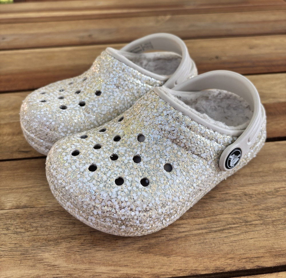 Crocs Classic Glitter Lined Clog Unisex Kids C8 White Slip-On Glitter