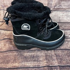 Sorel Whitney Short Lace Black Waterproof Winter Boots Faux Fur Size 3