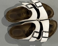 Birkenstock Arizona White Leather Slide Sandals Two Strap 38 Adjustable Buckle